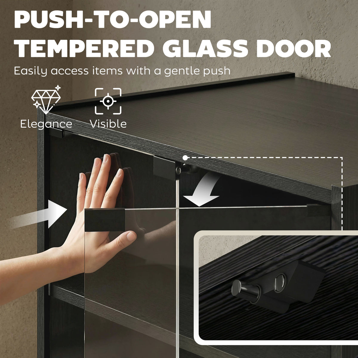 Mueble audiovisual de 5 niveles con puertas de cristal push-to-open