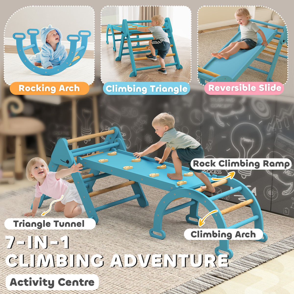7-in-1 Foldable Wooden Pikler Triangle Set