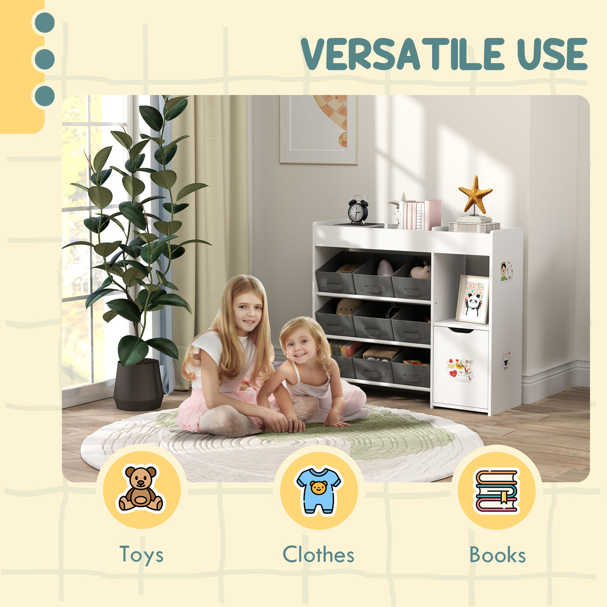 Toy storage organizer with bins and cabinet