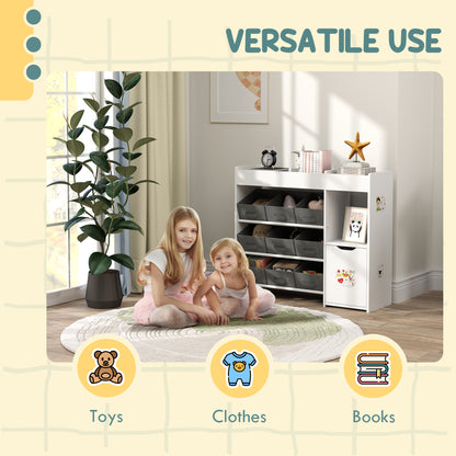 Toy storage organizer with bins and cabinet