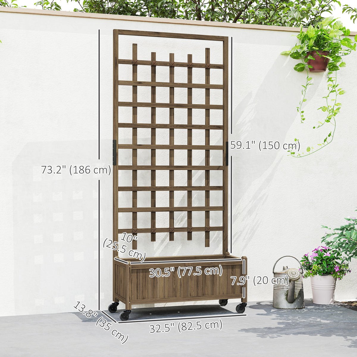Jardinera elevada con celosía y ruedas
