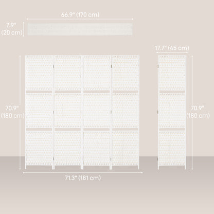 4-Panel Folding Room Divider with Shelves and Wood Frame