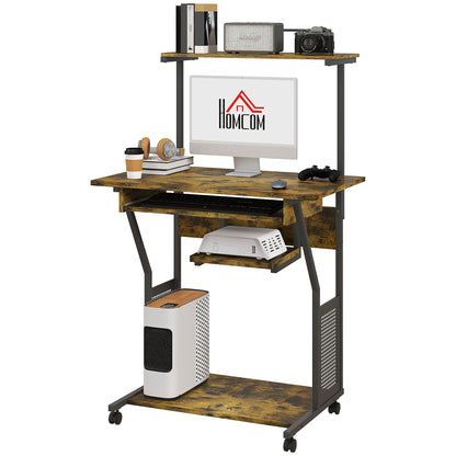 Mobile computer desk with shelves and rolling wheels