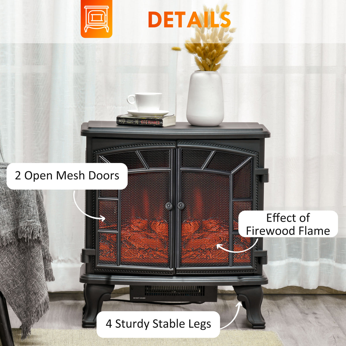 Freestanding Electric Fireplace Heater Realistic Flame 1500W