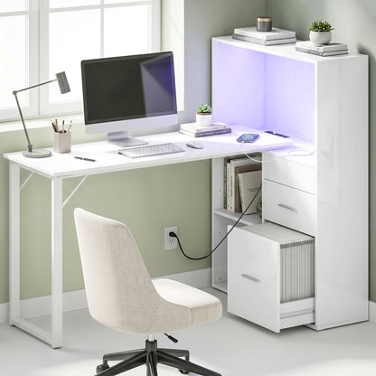 Computer Desk with Drawers, Power Outlets and LED Lights