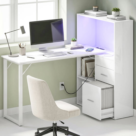 Computer Desk with Drawers, Power Outlets and LED Lights