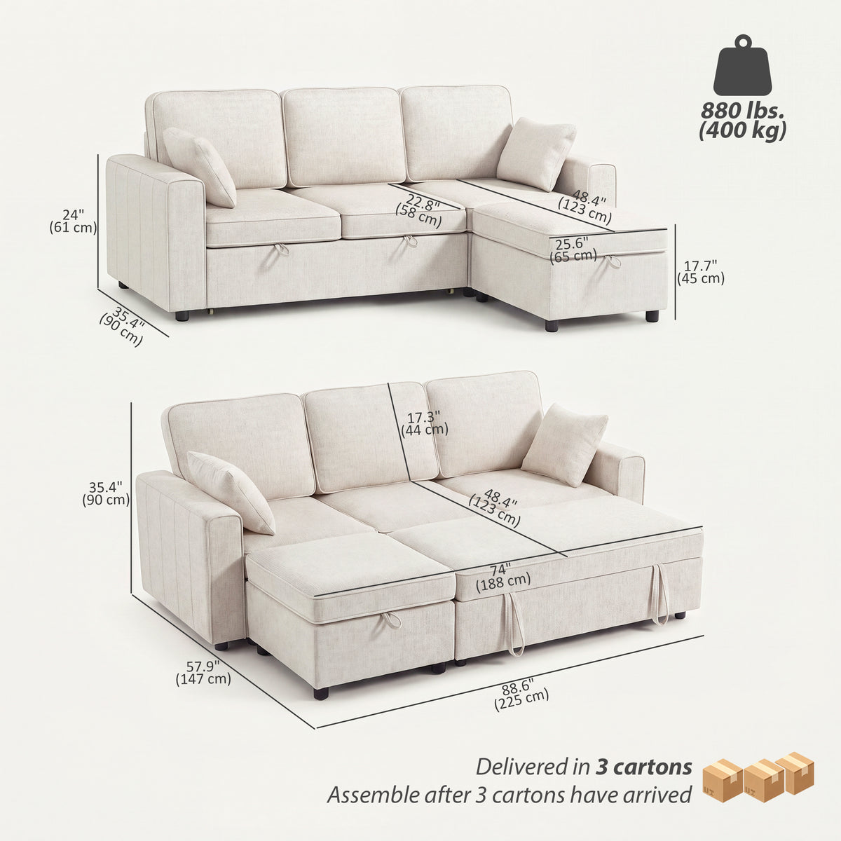 Modular Sectional Sofa Bed with Storage Ottoman