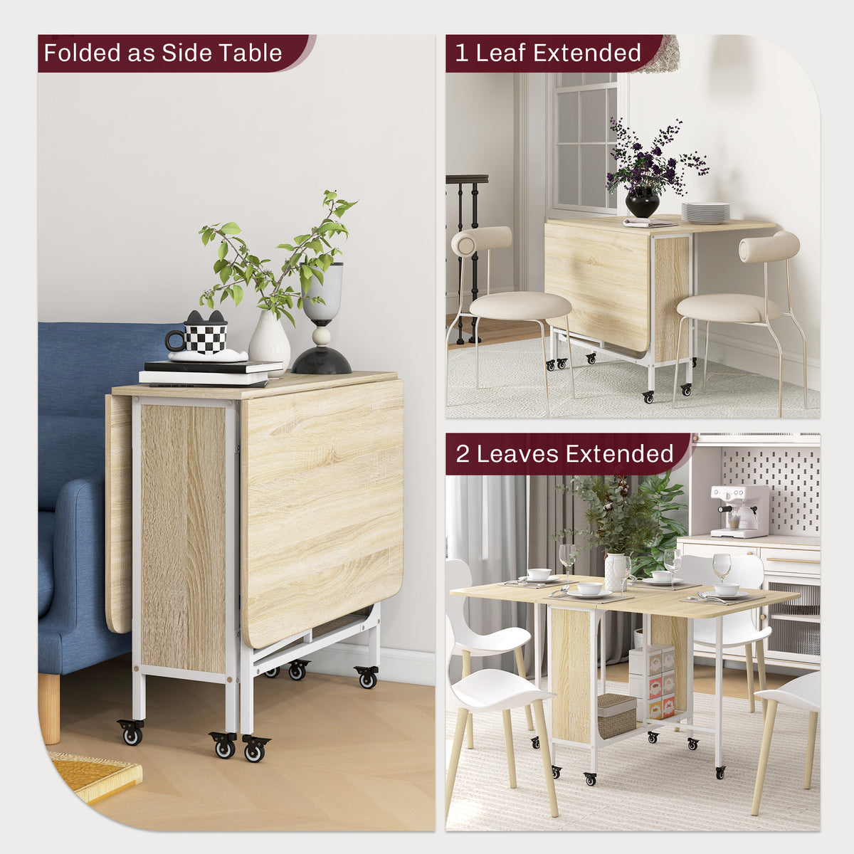 Mesa de comedor plegable extensible con tablero y ruedas