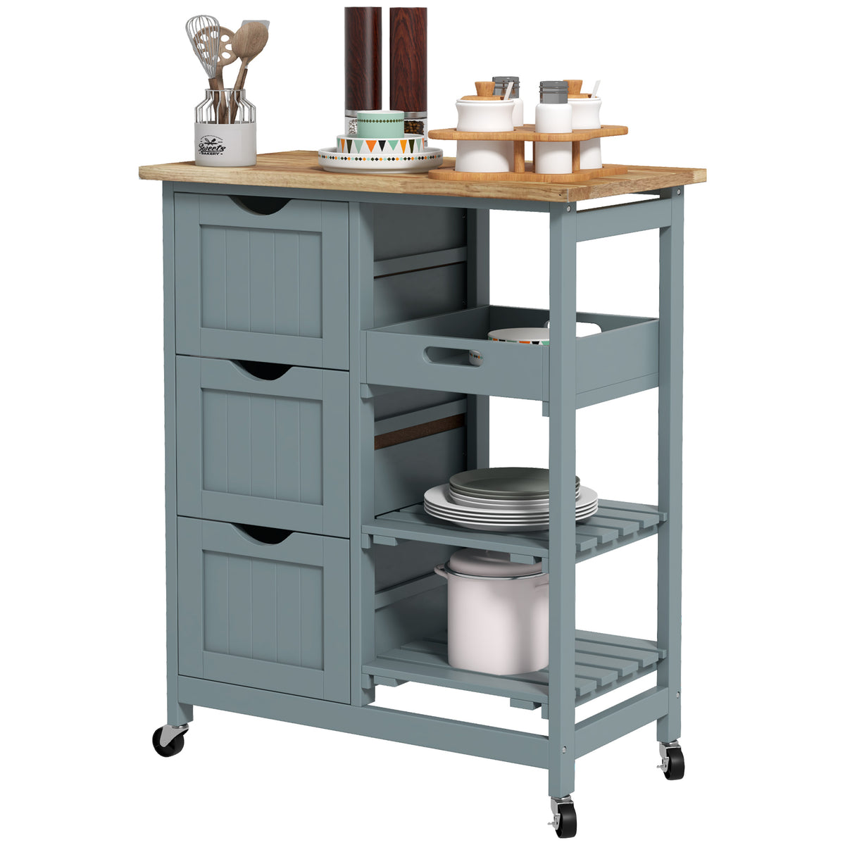 Rolling kitchen cart with wood top and drawers