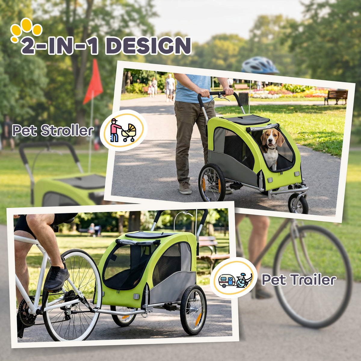 ਕੁੱਤੇ ਲਈ ਸਾਈਕਲ ਟ੍ਰੇਲਰ ਅਤੇ 2-ਵਿੱਚ-1 ਪ੍ਰੈਮ ਸਟੋਲਰ