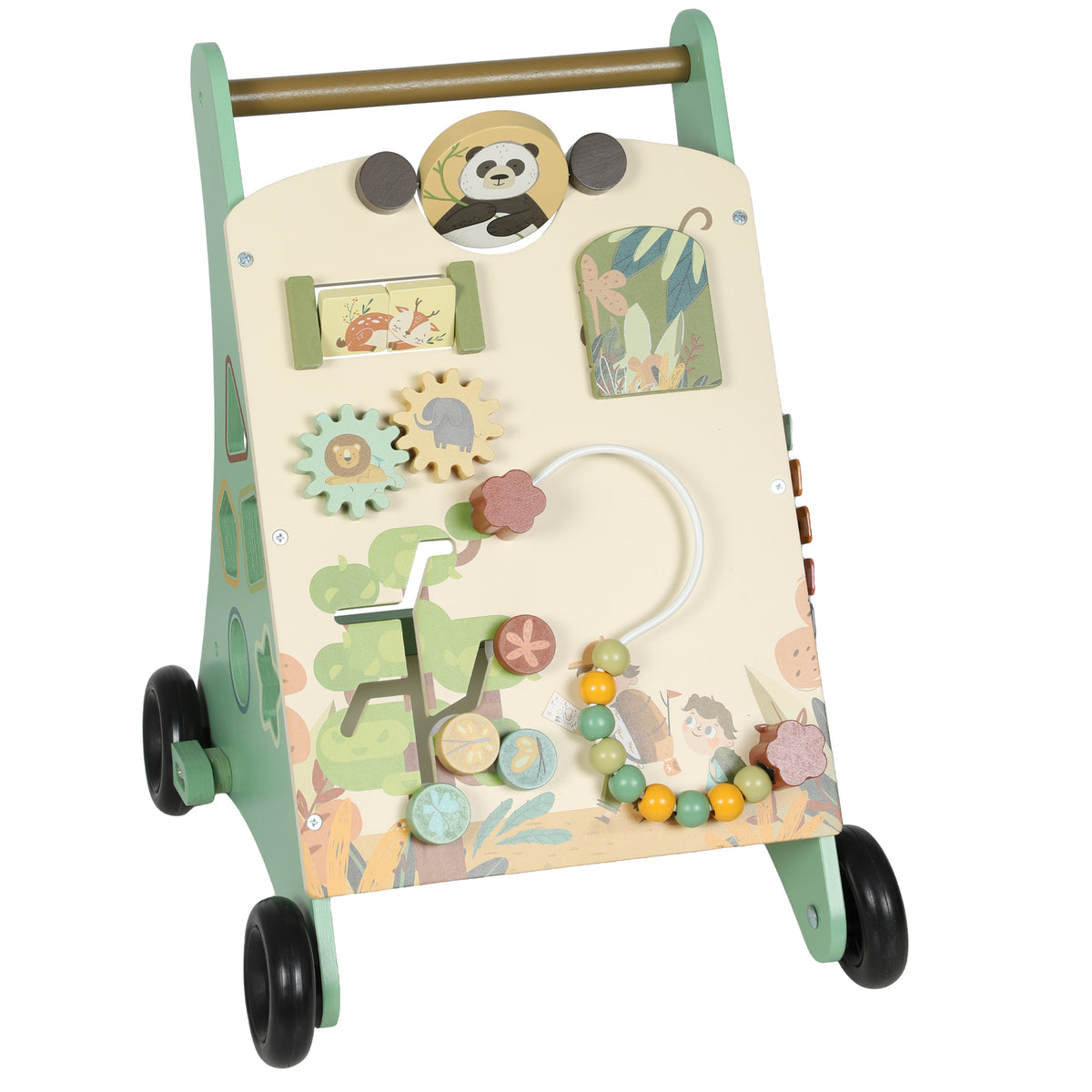 Wooden baby walker with activity centre