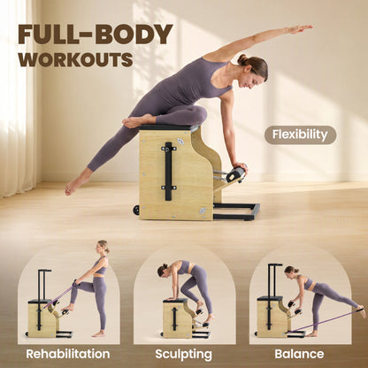Silla de Pilates de madera con bandas de resistencia
