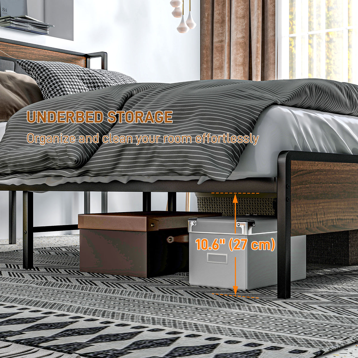 Estructura de cama queen con cabecero y estación de carga