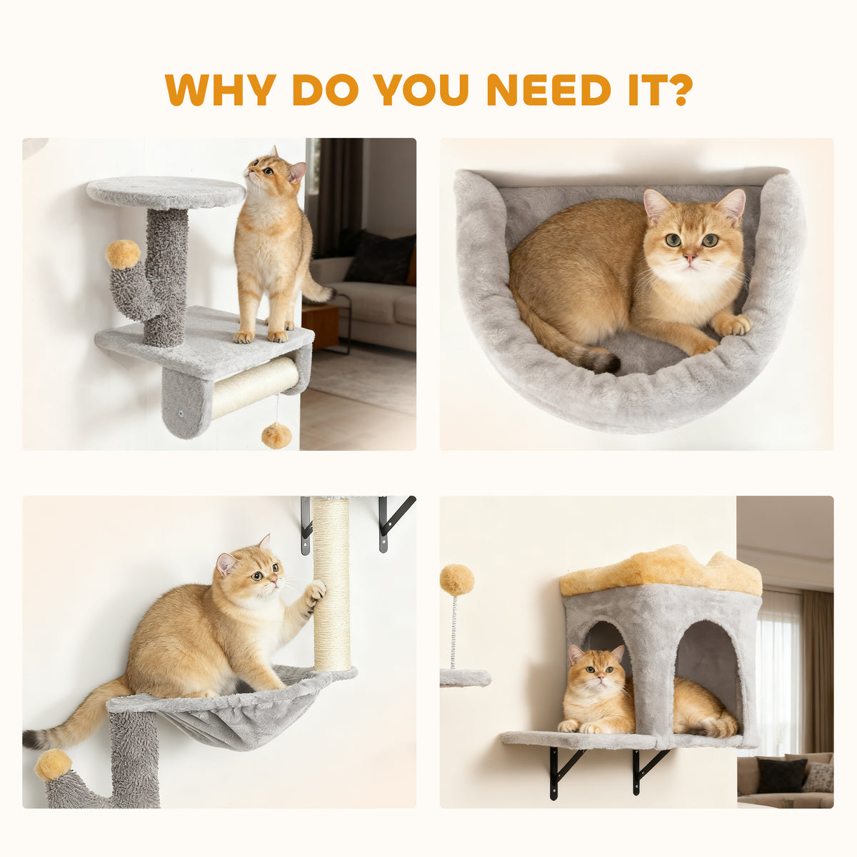 Conjunto de pared para gatos de 4 piezas con rascadores