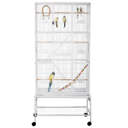 Large bird cage with wheels and accessories