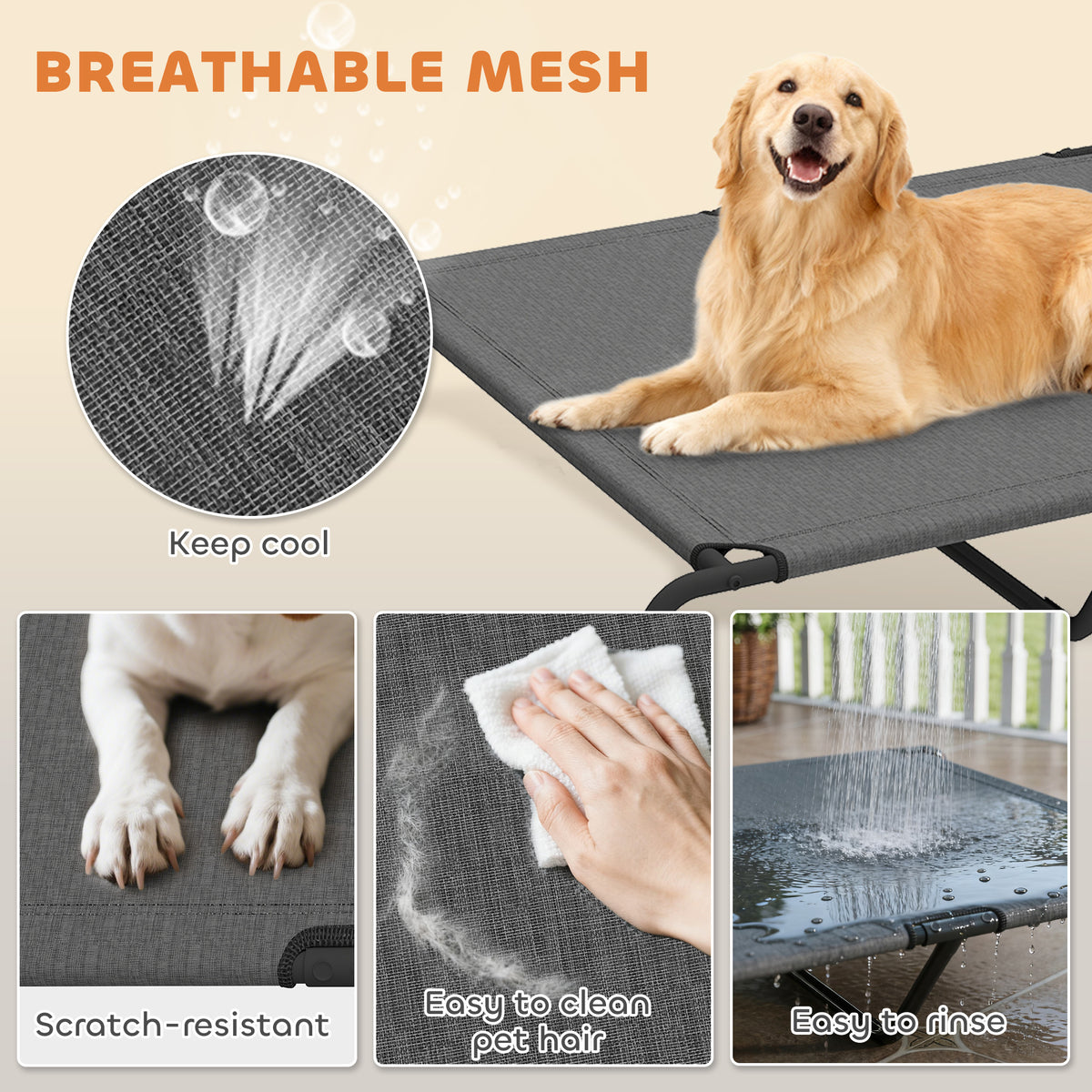 Elevated outdoor dog bed with breathable mesh