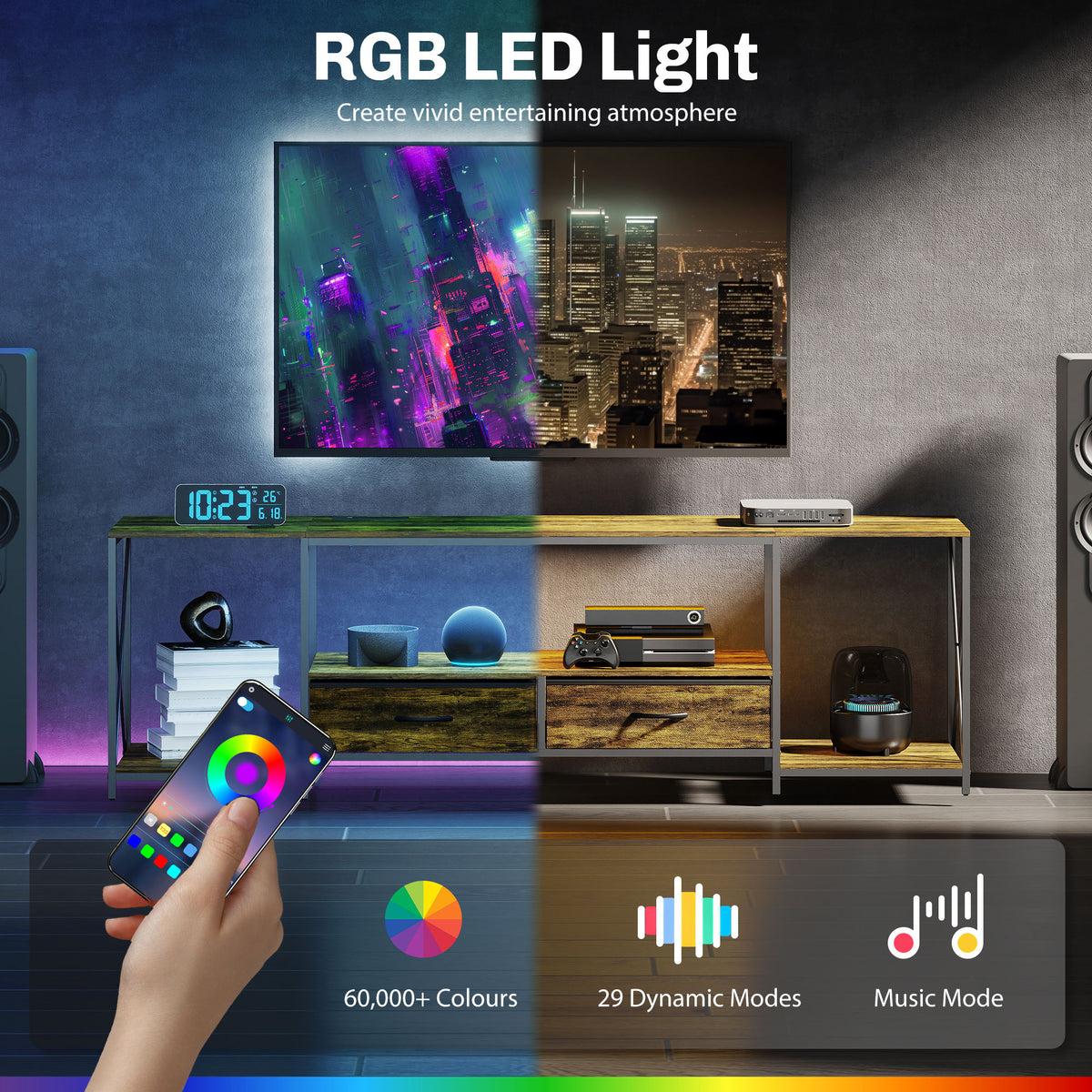 Mueble de TV industrial con iluminación RGB y estación de carga