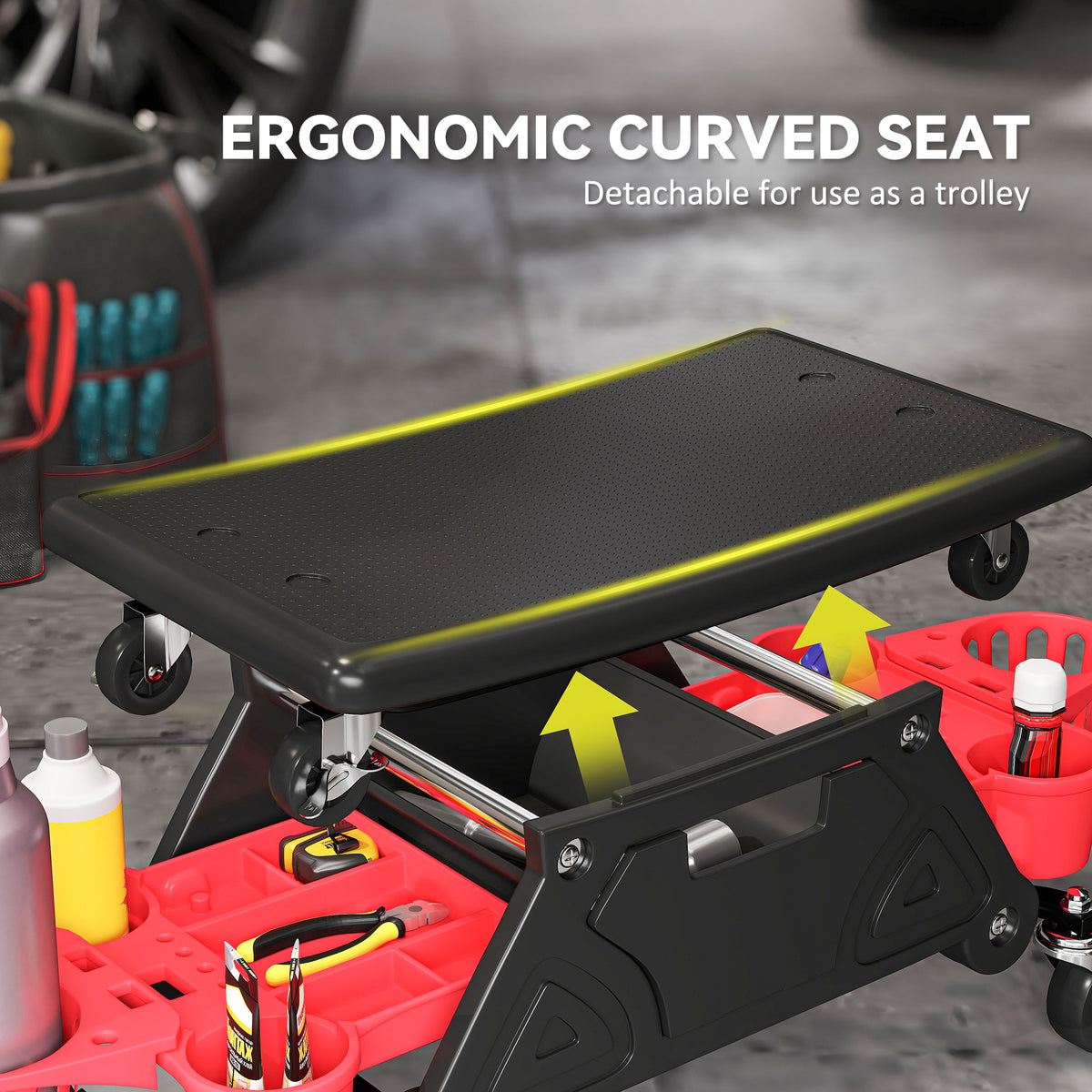 Rolling garage stool with wheels and tool trays
