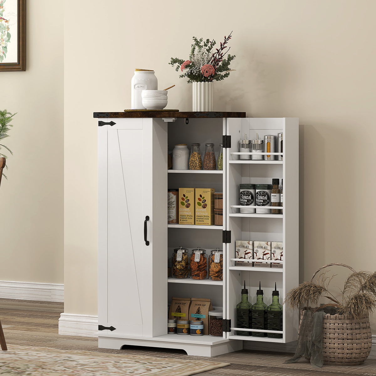 Farmhouse Kitchen Pantry Storage Cabinet with Adjustable Shelves