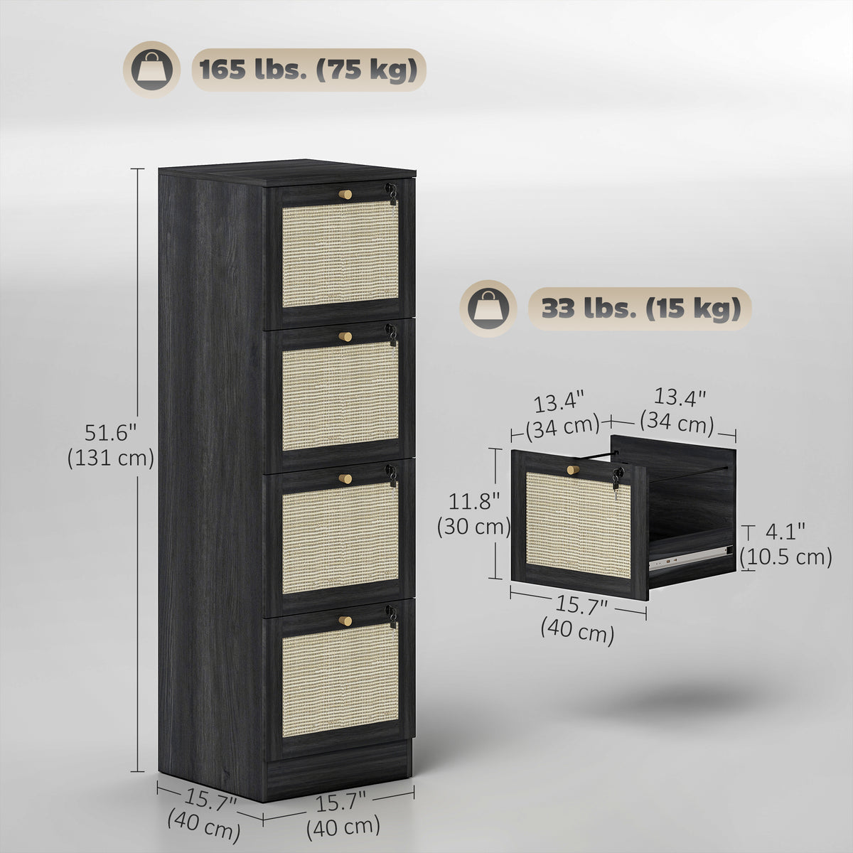 4-Drawer Locking Filing Cabinet Boho Rattan Style