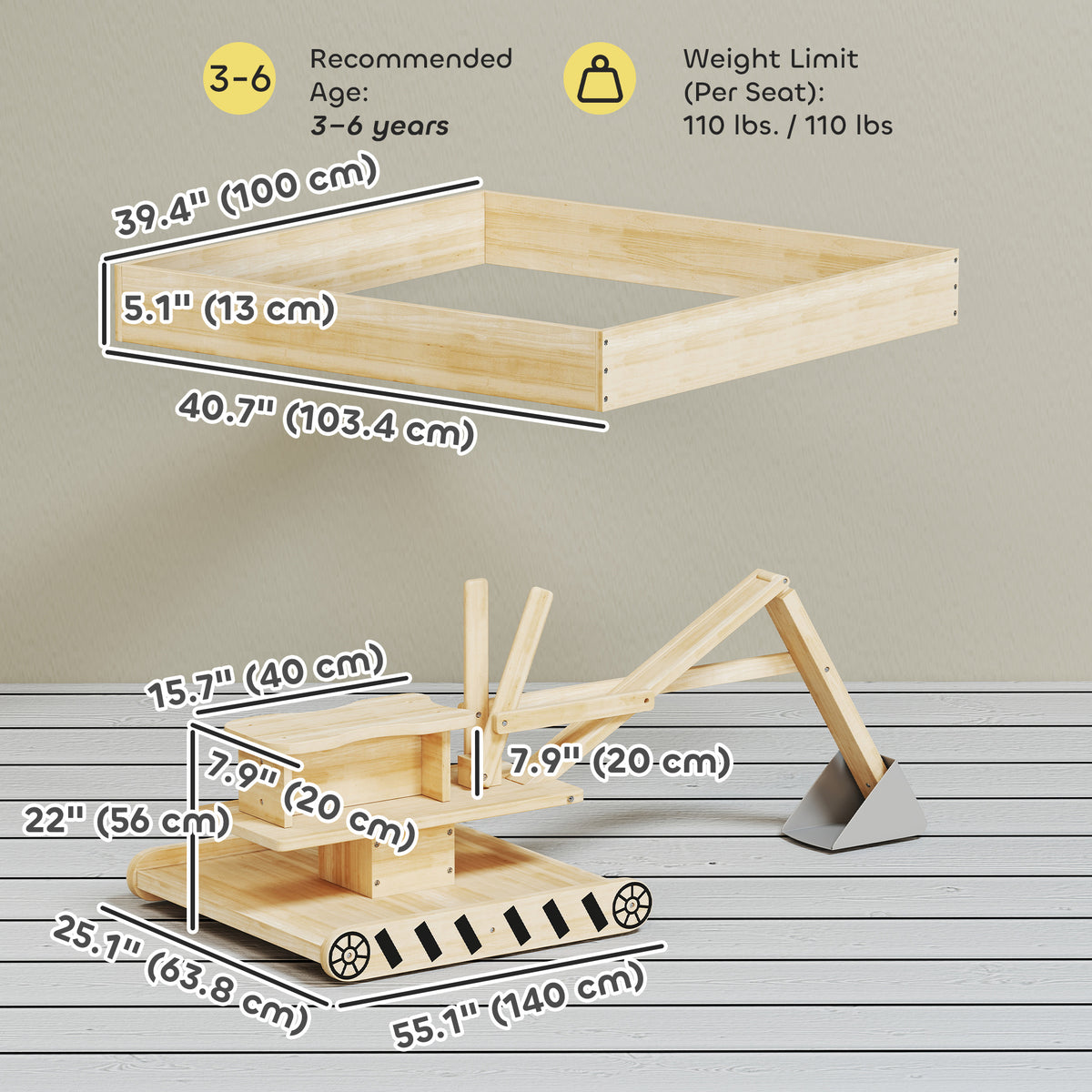 Wooden Sandbox with Digger and Rotating Seat 184 x 90 x 56 cm