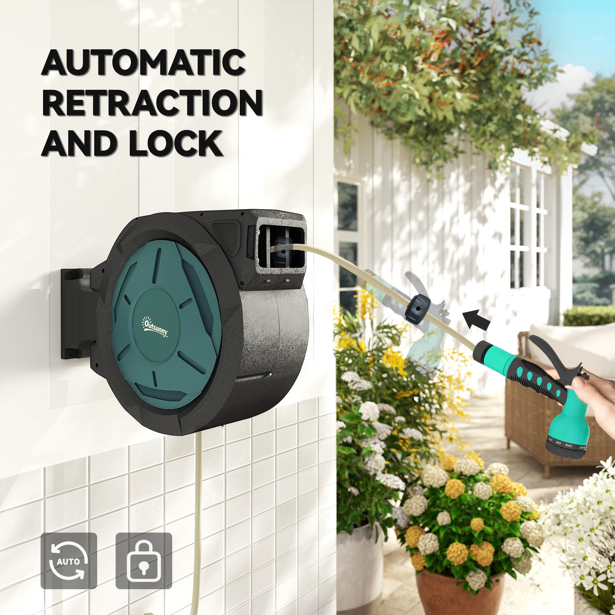 Wall-Mounted Retractable Garden Hose Reel 65 ft