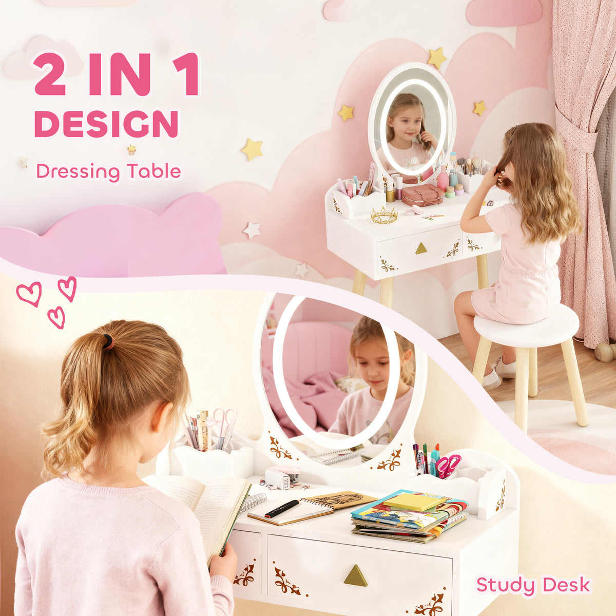 Kids Vanity Set with LED Mirror and Stool