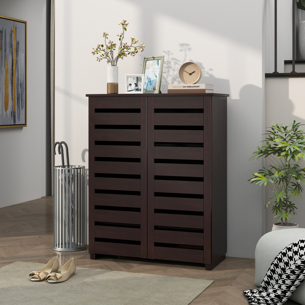 Narrow Shoe Cabinet 2 Slatted Doors 5-Tier Storage