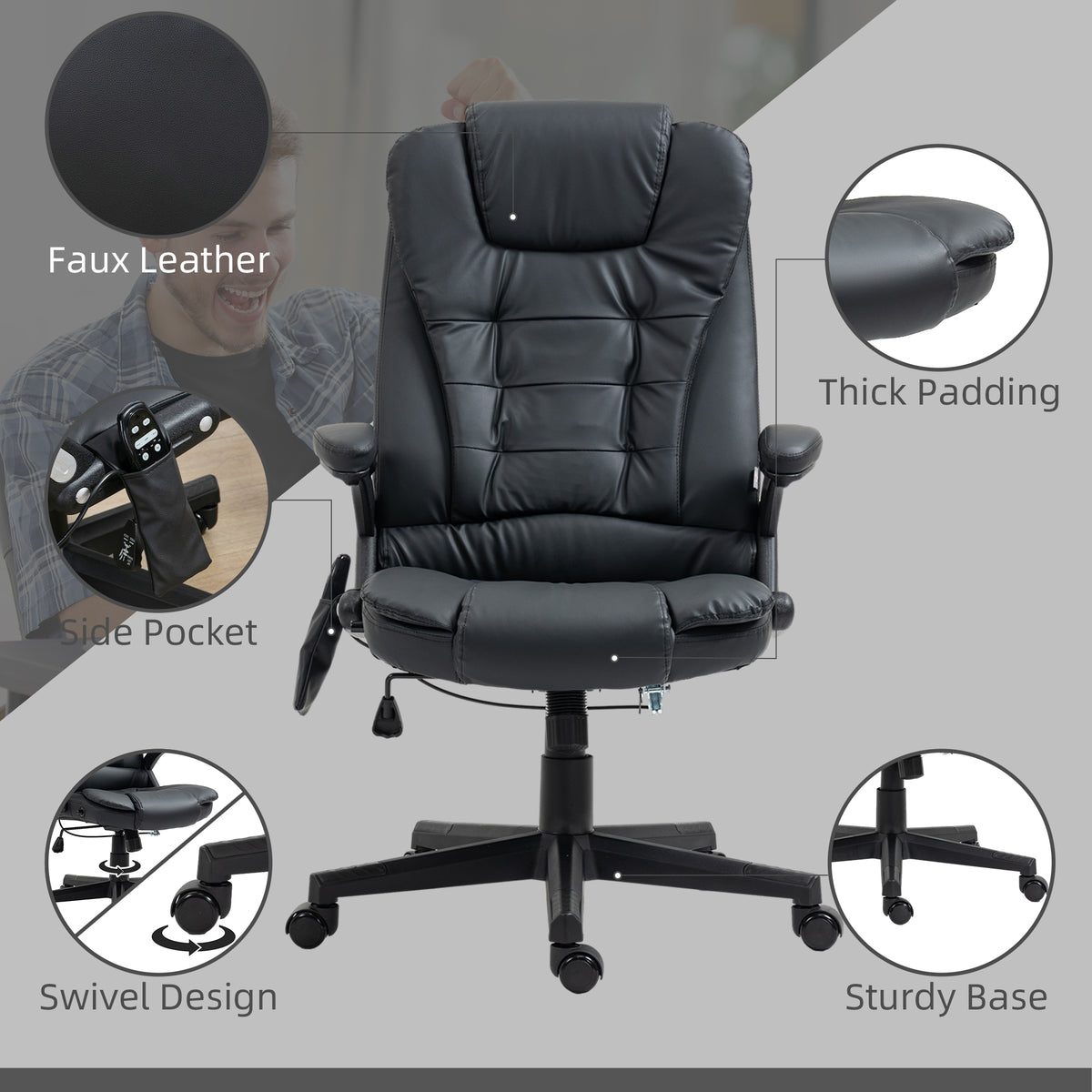 Silla de oficina alta, reclinable, con masaje y calefacción