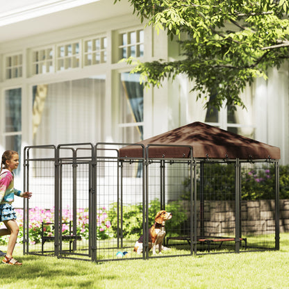Outdoor dog kennel with waterproof canopy in steel
