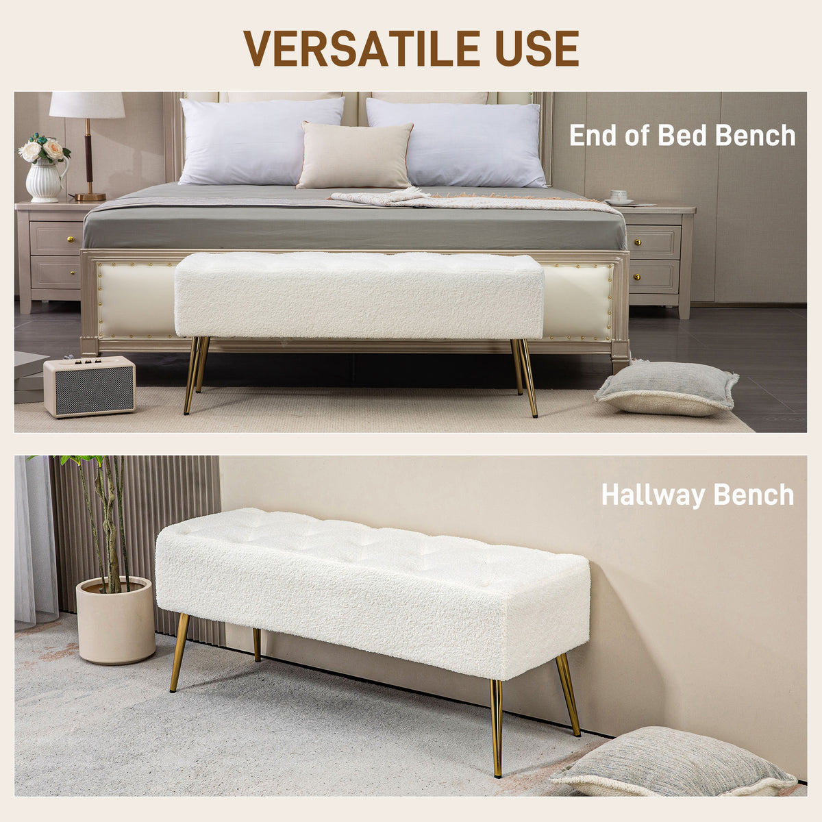 Upholstered bedroom bench with lamb's wool-feel