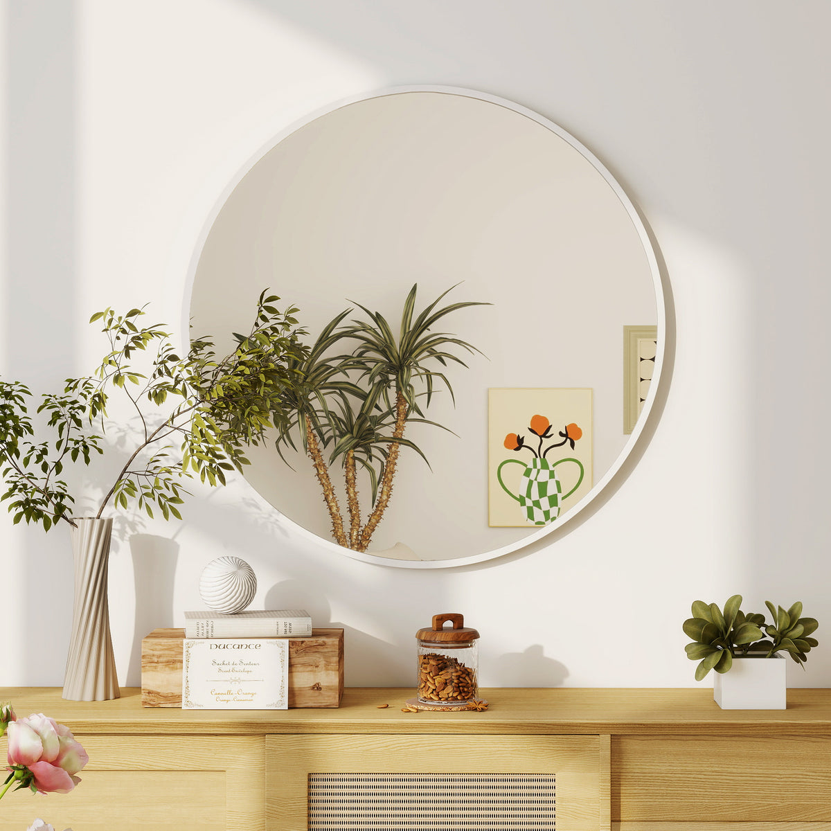 Espejo de pared redondo de 91 cm con marco metálico decorativo