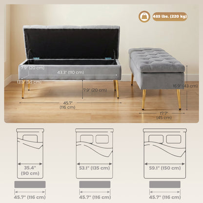 Tufted Velvet Storage Bench with Gold Metal Legs