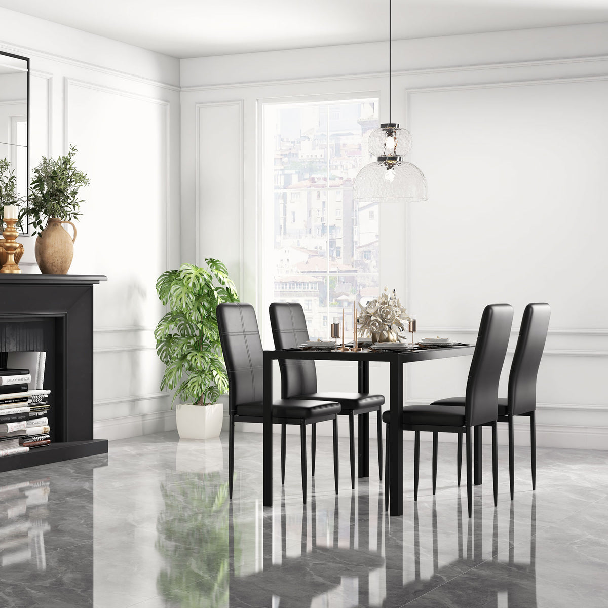 5-Piece Dining Set Tempered Glass Top Metal Frame