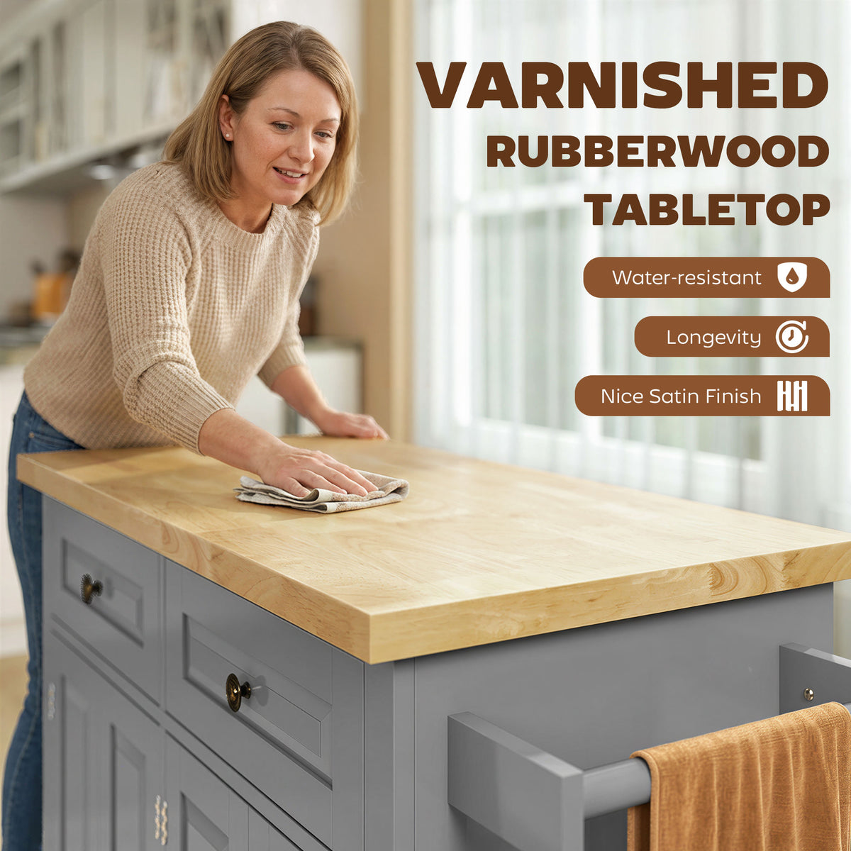 Rolling kitchen island with storage and wood top