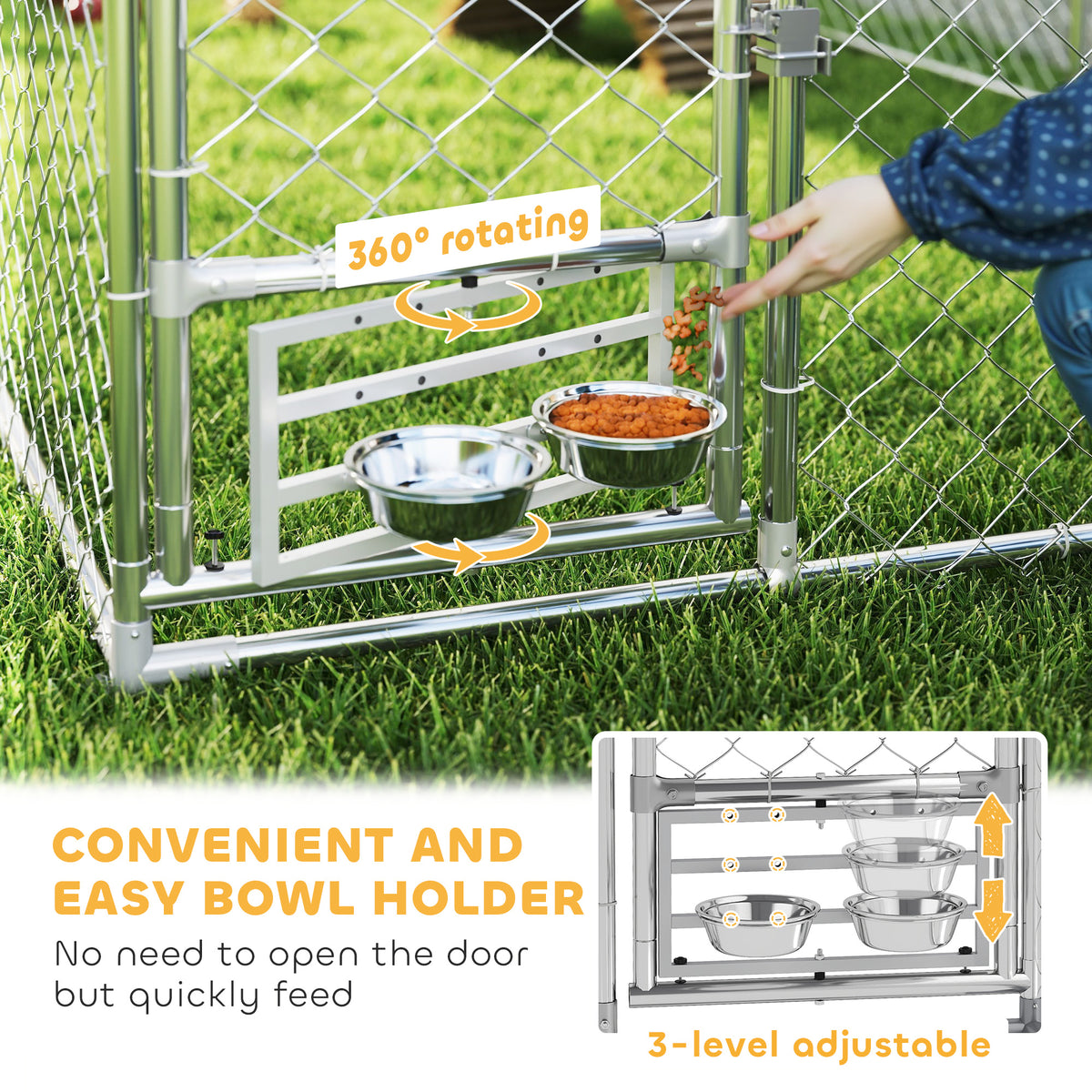 Outdoor dog kennel with bowls and resistant cover