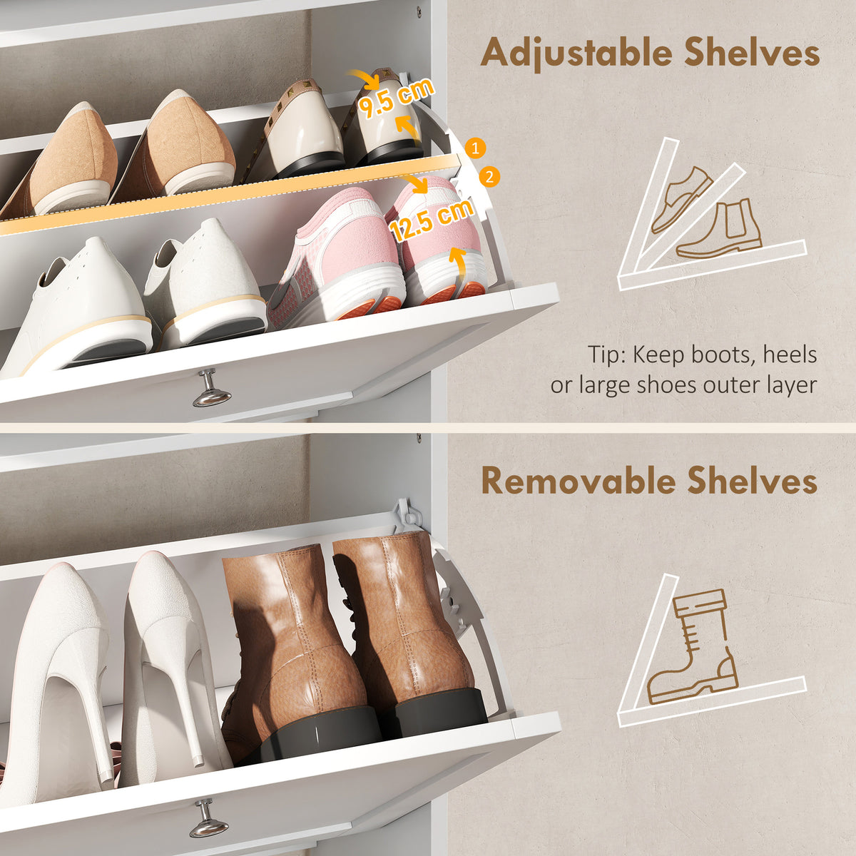 Slim shoe cabinet with 3 flip drawers and sensor light