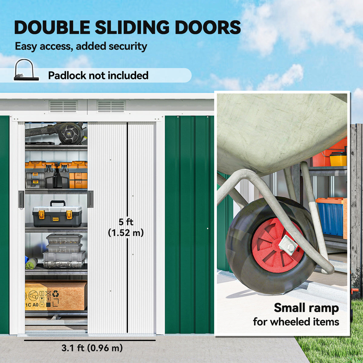 Galvanized Steel Garden Shed with Double Sliding Doors