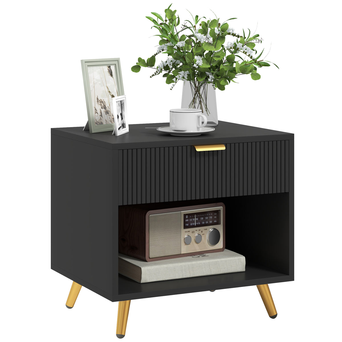 Nightstand Fluted Panel with Drawer and Open Shelf