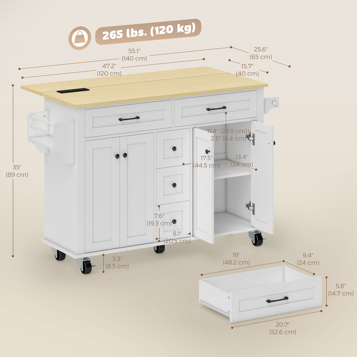 Kitchen Island Cart on Wheels with Outlets & Drop Leaf