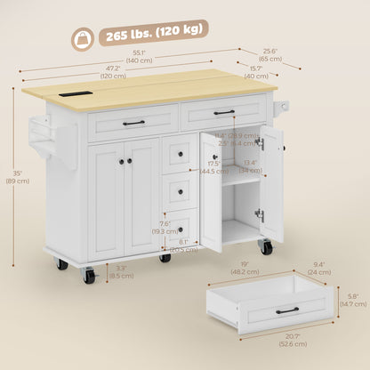 Kitchen Island Cart on Wheels with Outlets & Drop Leaf