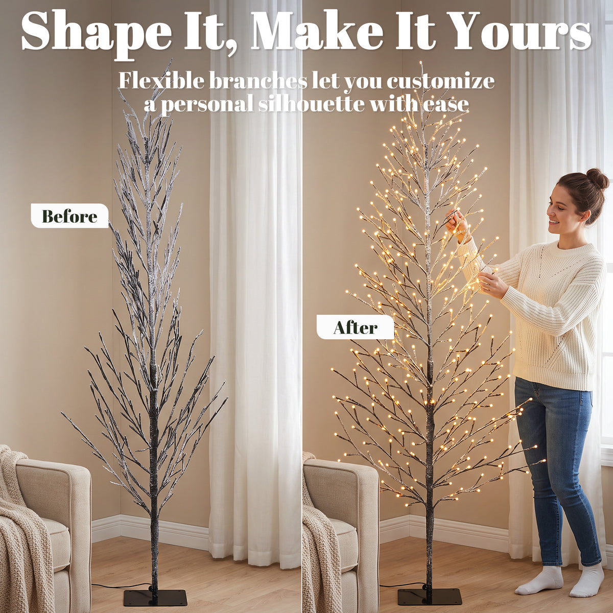 180 cm (183 cm) Lighted Snow-Flocked Twig Tree with LEDs