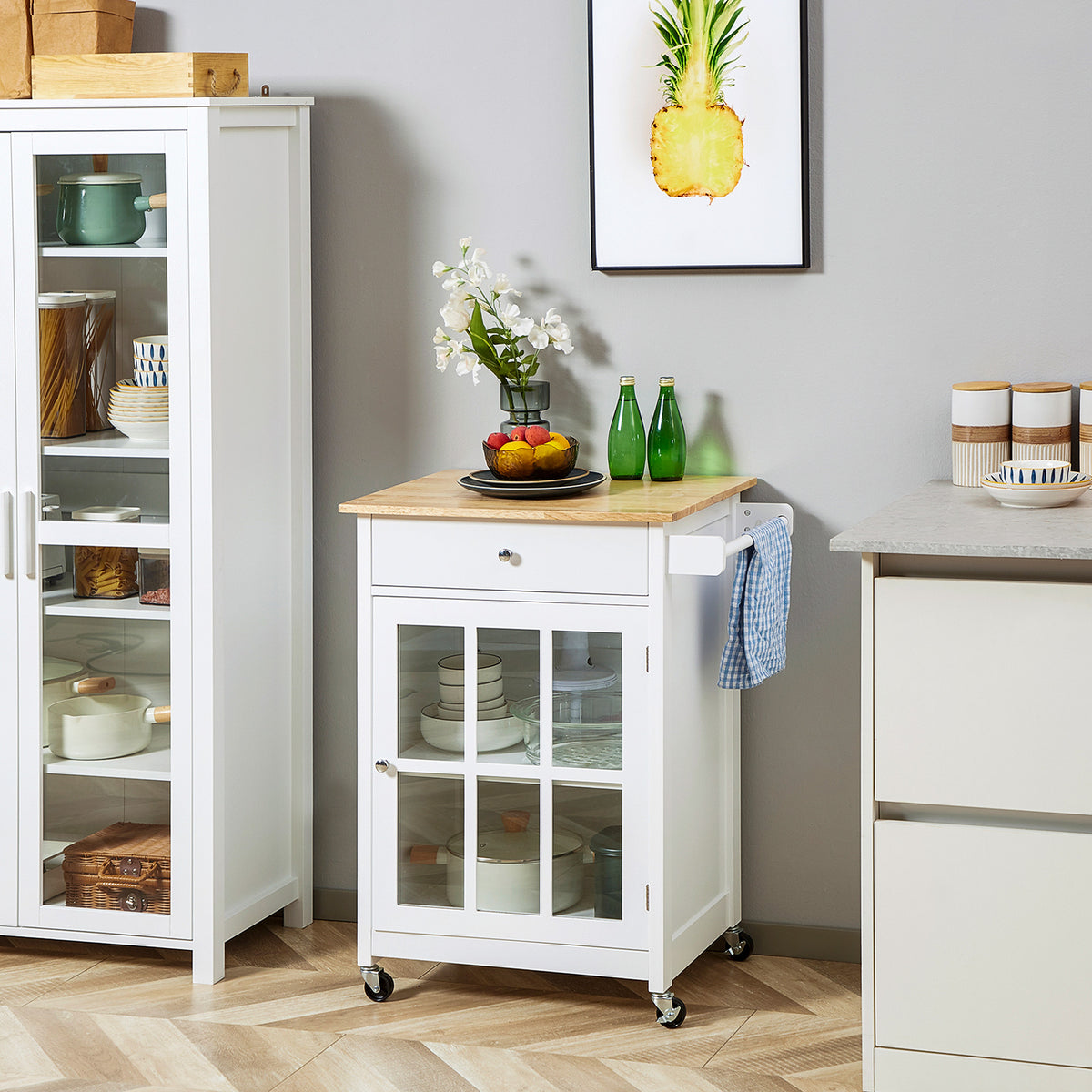 Rolling kitchen cart with drawer and cabinet