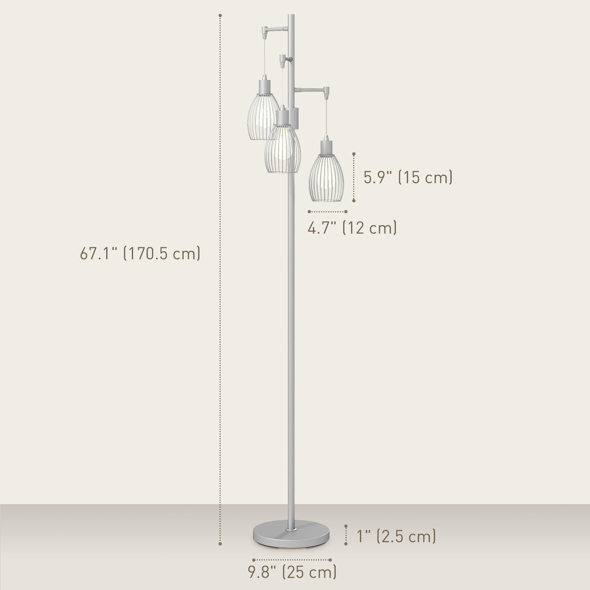Industrial Floor Lamp 3 Hanging Cage Shades, Dimmable