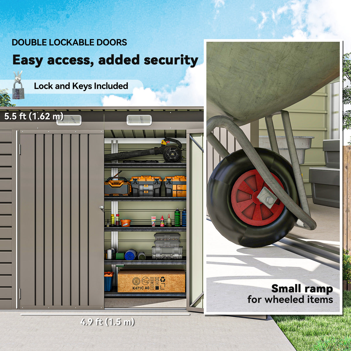 Galvanized steel garden storage shed with double doors and vents