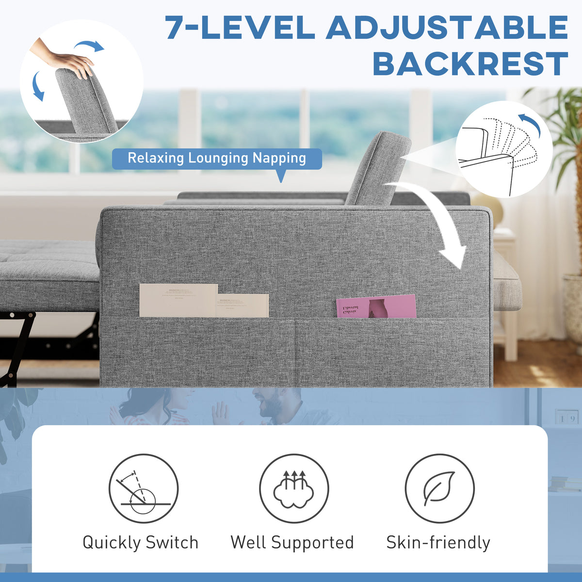 Convertible sofa bed with USB ports and adjustable backrest