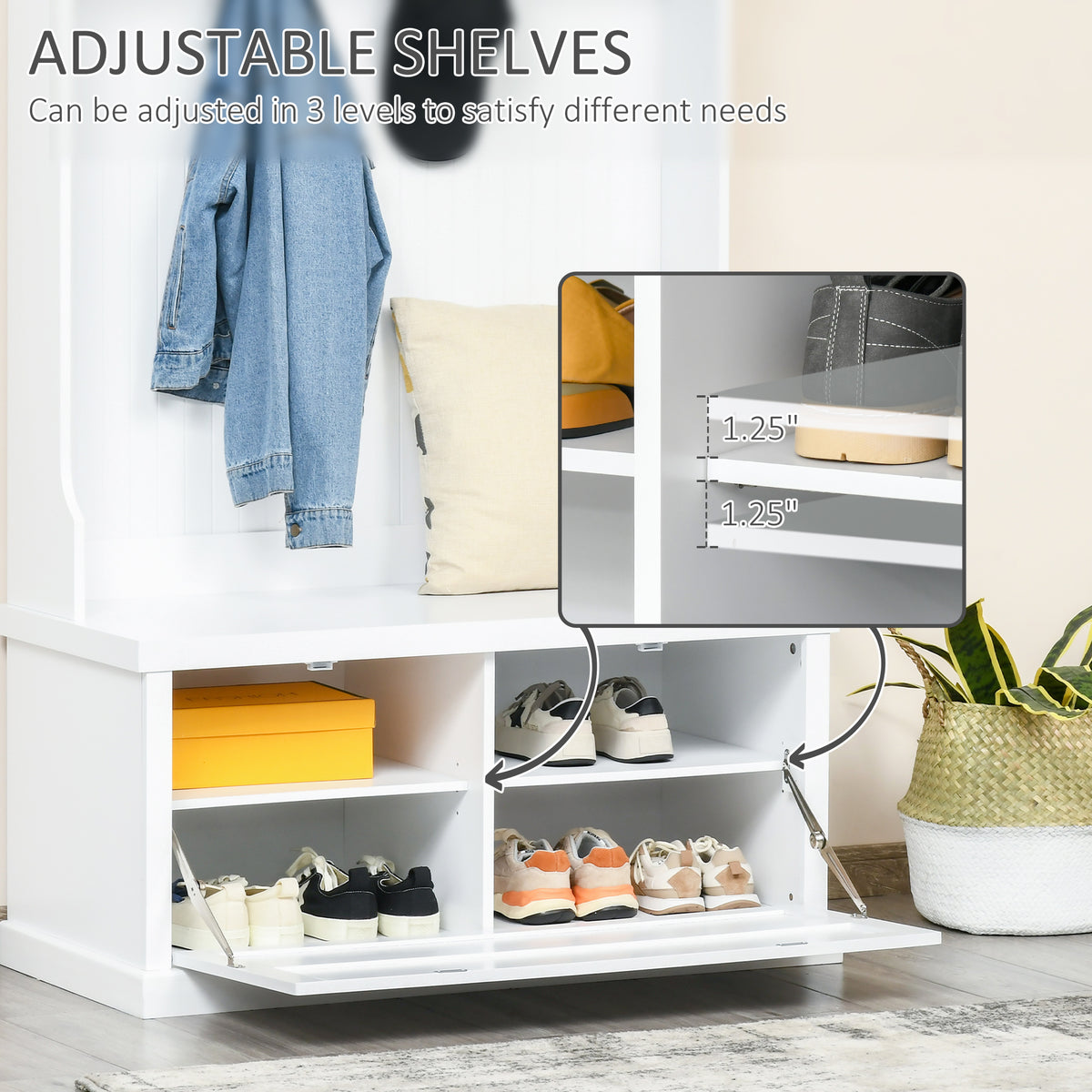 Mueble de entrada con banco de almacenamiento y percheros 164 cm
