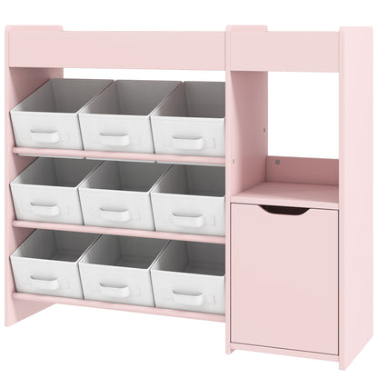 Toy storage organizer with bins and cabinet
