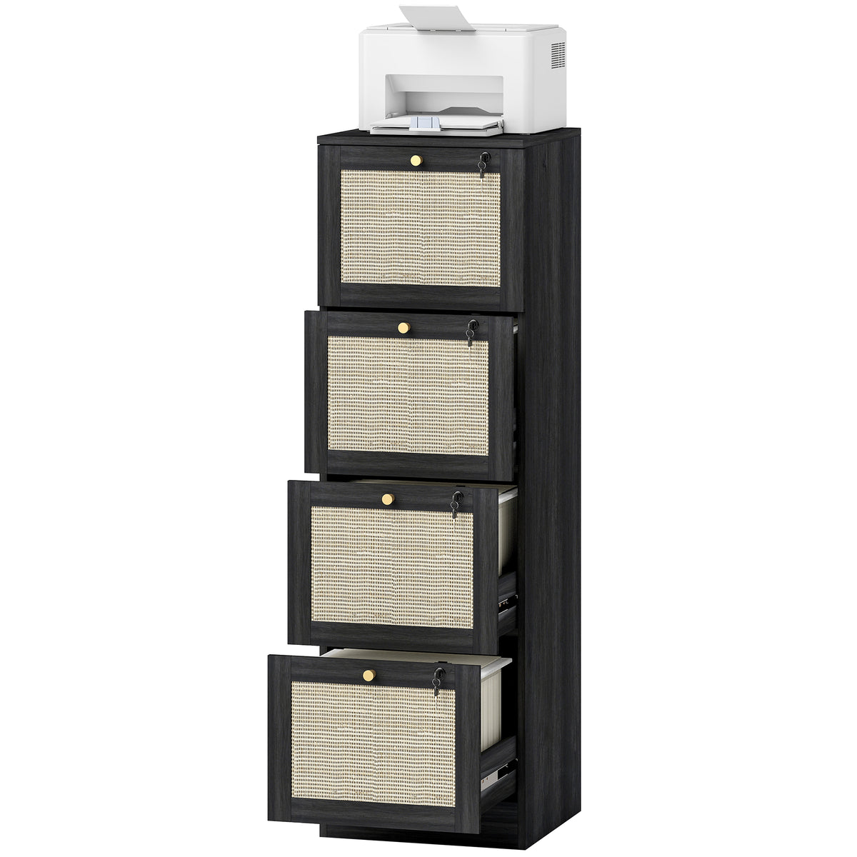 4-Drawer Locking Filing Cabinet Boho Rattan Style