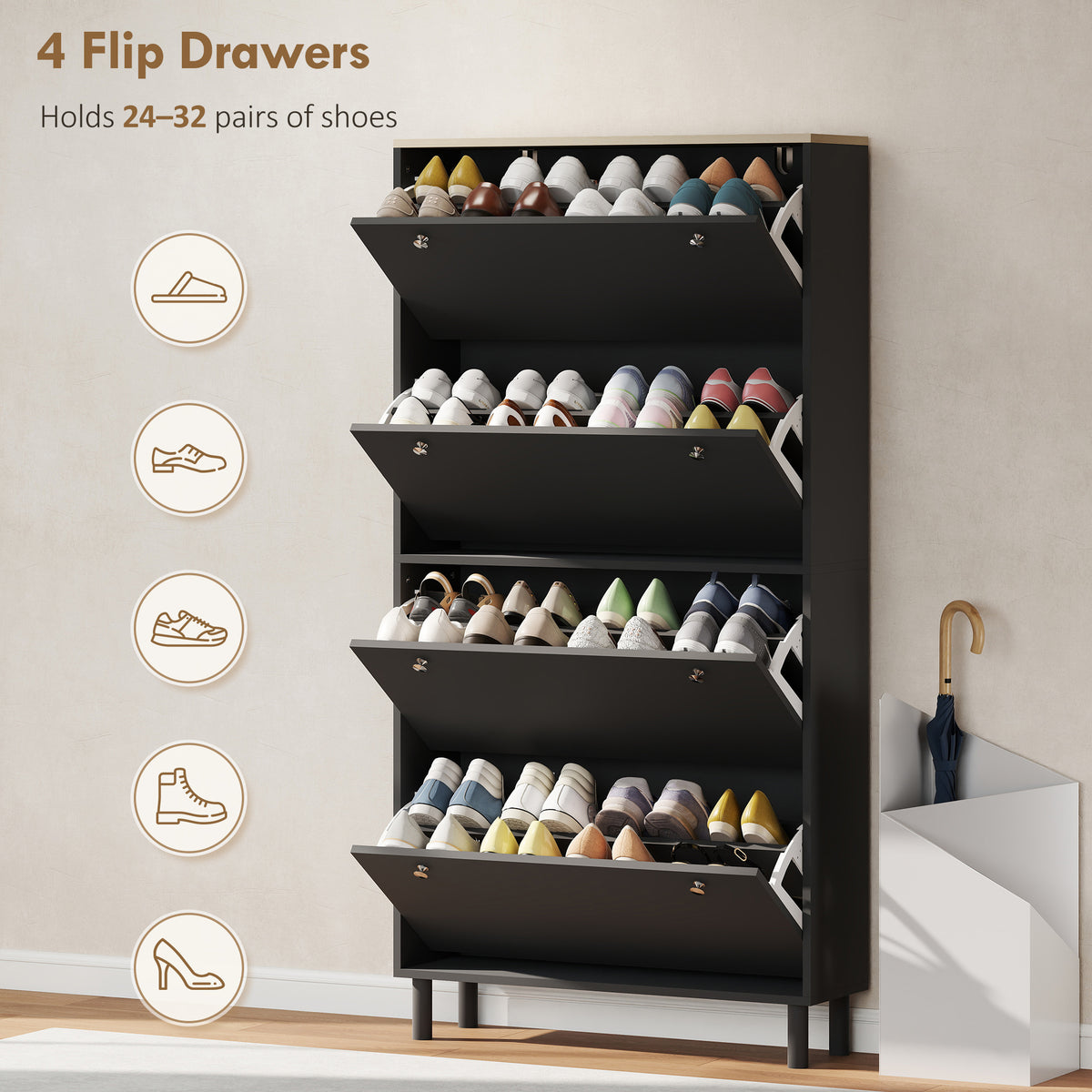 Narrow Shoe Cabinet 4 Flip Drawers — Holds 24–32 Pairs